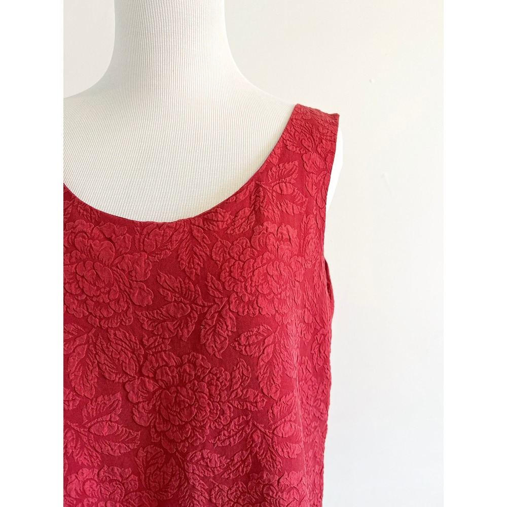 Vintage Red Silk Floral Textured Tank Top Jacquard Washed Silk Sleeveless Blouse - Picture 7 of 11